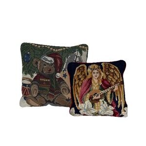 2 Vintage Christmas Throw Pillows Tapestry Needlepoint Teddy Bear And Angel